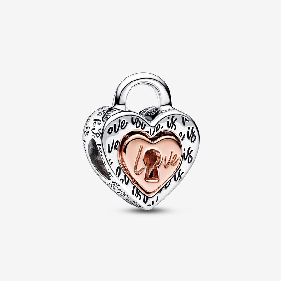 Charm de coração divisível com cadeado prata e rose