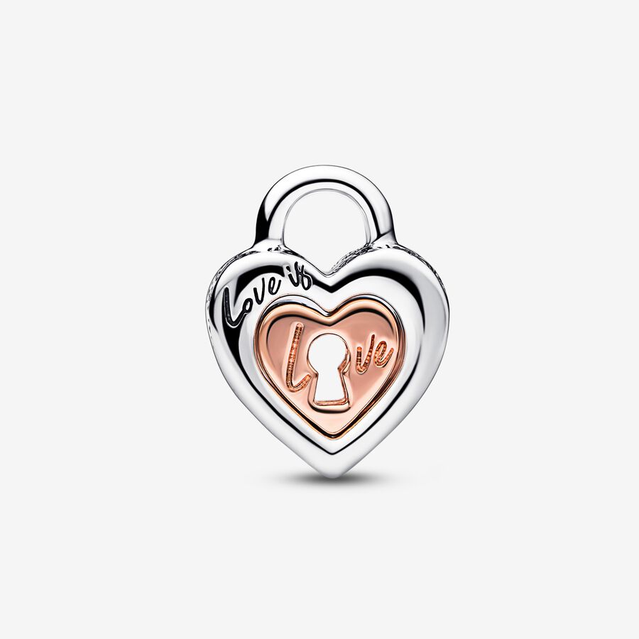 Charm de coração divisível com cadeado prata e rose
