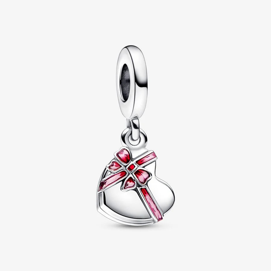 Charm Caixa de chocolate aberta balança de prata esterlina com esmalte rosa e vermelho